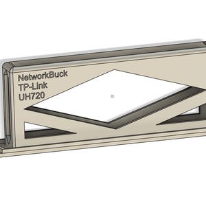 May include: A beige rectangular device with the text "NetworkBuck TP-Link UH720" printed on the side. The device has a diamond-shaped cutout and angled supports. It appears to be a mounting bracket or similar component.