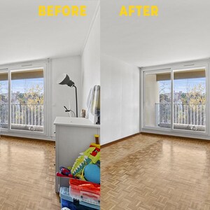 May include: Before and after photos of a living room. The before photo shows a gray couch, a Christmas tree, and a white dresser with toys on top. The after photo shows the same room with the couch, Christmas tree, and dresser removed. The room is now empty and has hardwood floors.