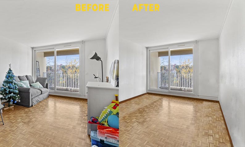 May include: Before and after photos of a living room. The before photo shows a gray couch, a Christmas tree, and a white dresser with toys on top. The after photo shows the same room with the couch, Christmas tree, and dresser removed. The room is now empty and has hardwood floors.