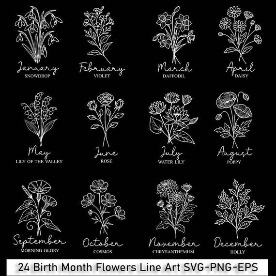 誕生月の花束の線画：花柄SVGバンドル（デジタルダウンロード） - Etsy
