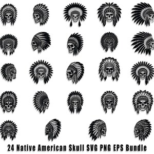Puede incluir: Un conjunto de 24 archivos SVG, PNG y EPS de cráneos nativos americanos en blanco y negro. Cada archivo presenta un cráneo con un tocado tradicional con plumas.