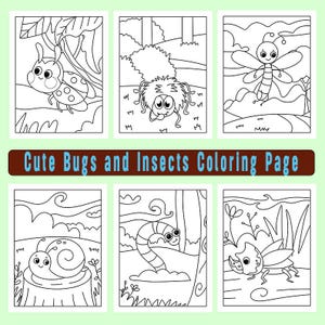 Puede incluir: Una colección de seis páginas para colorear en blanco y negro con lindos insectos. Cada página muestra un insecto diferente, como una mariquita, una araña, una libélula, un caracol, un gusano y un escarabajo. El texto "Cute Bugs and Insects Coloring Page" se muestra.