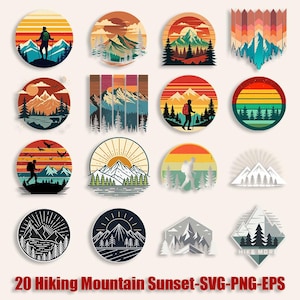Mountain Sunset SVG Bundle: Retro Travel Clip Art (20 Files)