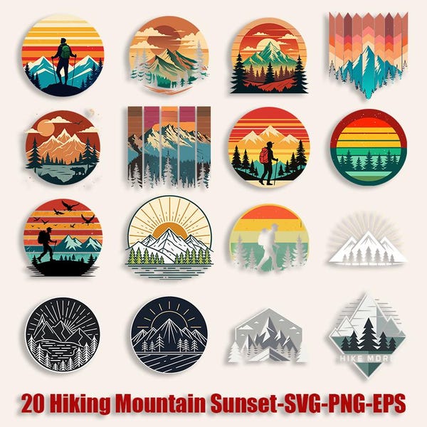 Mountain Sunset SVG Bundle: Retro Travel Clip Art (20 Files)