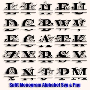 May include: A collection of black split monogram alphabet letters with decorative flourishes. Each letter is divided horizontally, with a base and ornate detailing. The text "Split Monogram Alphabet Svg & Png" is at the bottom.