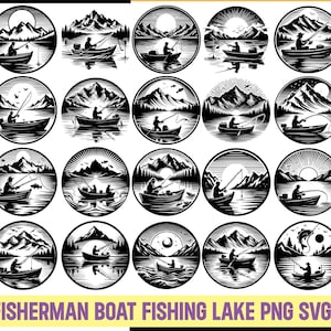 May include: A set of 20 black and white digital illustrations of a fisherman in a boat fishing on a lake. The illustrations are in a vintage style and feature various scenes of fishing, including a fisherman casting a line, reeling in a fish, and enjoying the scenery.