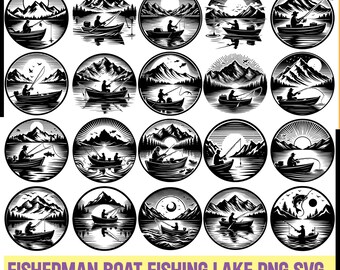 Fisherman in a boat and mountain landscape with forest, Bass Boat, Gone Fishing, Bundle svg. Cut files for Cricut svg, pdf, png, Eps,pdf 01