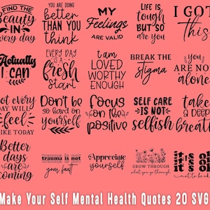 Paquete SVG de citas sobre salud mental, cree sus propias citas inspiradoras sobre salud mental, citas positivas SVG, archivos de corte SVG motivacionales