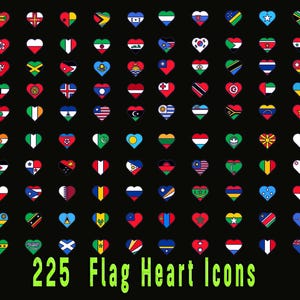 Könnte beinhalten: 225 herzförmige Symbole mit Flaggen aus verschiedenen Ländern. Die Symbole sind in einem Raster auf schwarzem Hintergrund angeordnet.