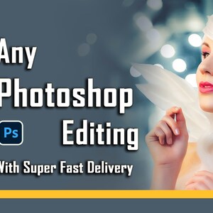 May include: Any Photoshop Editing with Super Fast Delivery. Text overlayed on a photo of a woman with white hair and pink makeup.