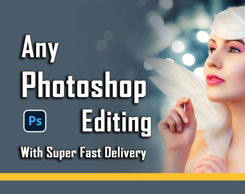 May include: Any Photoshop Editing with Super Fast Delivery. Text overlayed on a photo of a woman with white hair and pink makeup.