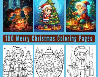 May include: A set of 150 coloring pages featuring Christmas themes. The pages include illustrations of children decorating a Christmas tree, Santa Claus wrapping presents, and a snowman inside a Christmas ornament.