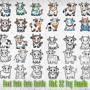 Peut inclure: Un ensemble de 32 illustrations de vaches de dessin anim&eacute; mignonnes dans diverses poses et palettes de couleurs. Les vaches sont repr&eacute;sent&eacute;es en noir et blanc, ainsi que dans une vari&eacute;t&eacute; de couleurs, notamment le rouge, le bleu, le vert et le jaune. Les illustrations sont parfaites pour une utilisation dans une vari&eacute;t&eacute; de projets cr&eacute;atifs, tels que le scrapbooking, la fabrication de cartes et la conception num&eacute;rique.