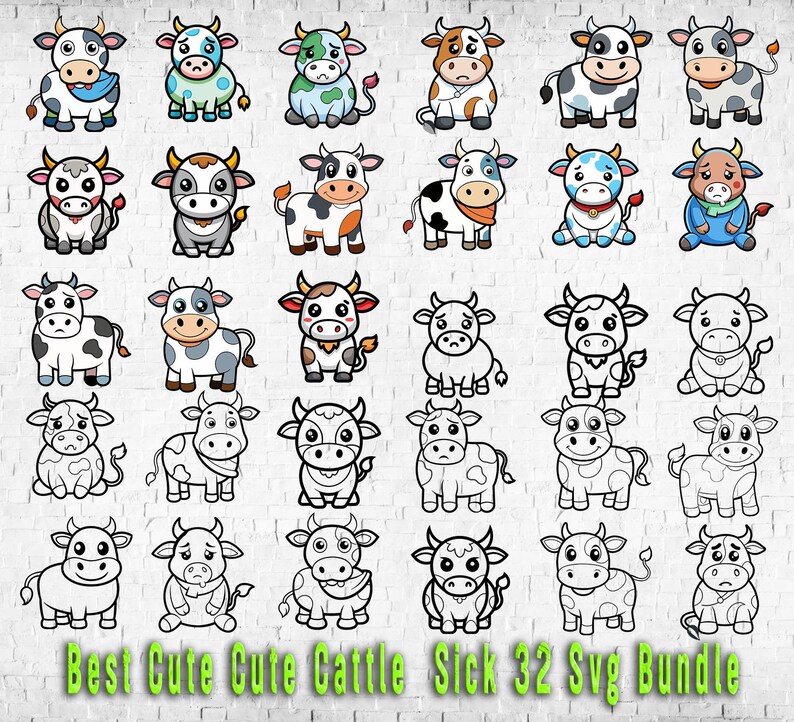 Peut inclure: Un ensemble de 32 illustrations de vaches de dessin anim&eacute; mignonnes dans diverses poses et palettes de couleurs. Les vaches sont repr&eacute;sent&eacute;es en noir et blanc, ainsi que dans une vari&eacute;t&eacute; de couleurs, notamment le rouge, le bleu, le vert et le jaune. Les illustrations sont parfaites pour une utilisation dans une vari&eacute;t&eacute; de projets cr&eacute;atifs, tels que le scrapbooking, la fabrication de cartes et la conception num&eacute;rique.