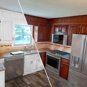 May include: Before and after kitchen renovation with white cabinets and granite countertops on the left and wood cabinets with stainless steel appliances on the right.