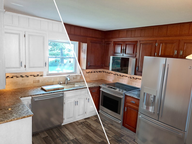 May include: Before and after kitchen renovation with white cabinets and granite countertops on the left and wood cabinets with stainless steel appliances on the right.