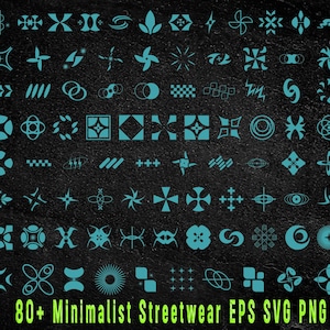 Può includere: Una collezione di oltre 80 elementi di design streetwear minimalisti in blu turchese su sfondo nero. I design includono forme geometriche, stelle, croci e altri motivi astratti.