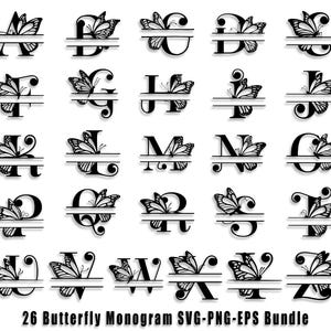 Monograma de borboleta dividida SVG, jpg, png, clipart de texto floral, gráfico de letra de borboleta, pacote de alfabeto, inicial do nome, uso comercial