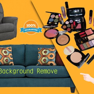 May include: A teal blue sofa with two pillows, one with a geometric pattern and the other with a solid green color. The sofa is on a yellow background. The text "Background Remove" is written in green on the sofa.