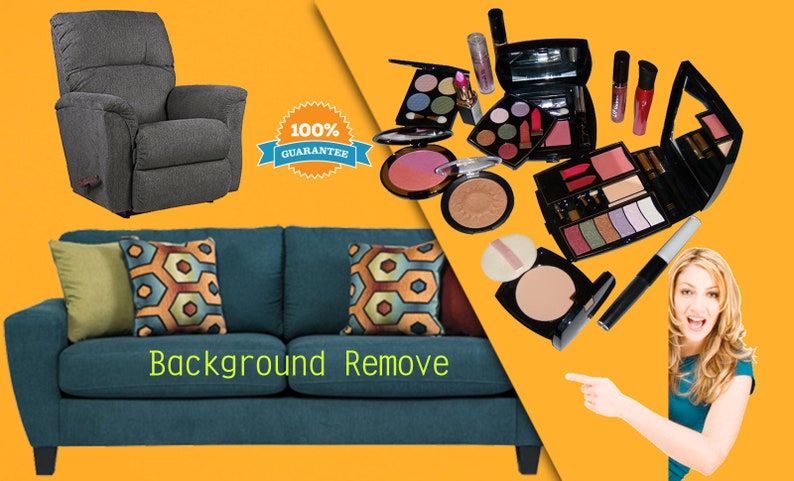 May include: A teal blue sofa with two pillows, one with a geometric pattern and the other with a solid green color. The sofa is on a yellow background. The text "Background Remove" is written in green on the sofa.