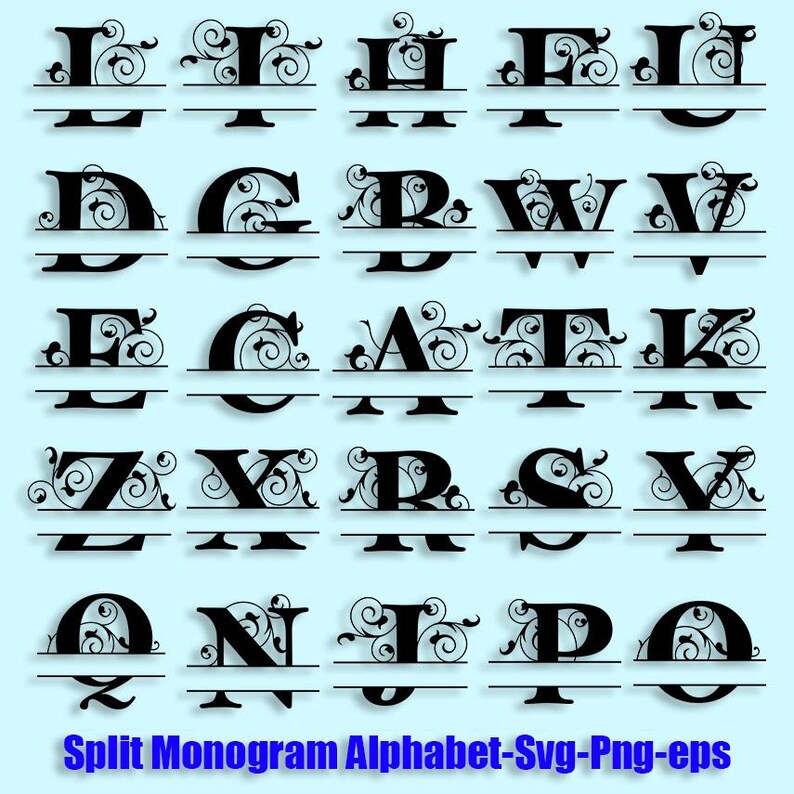 May include: A collection of black split monogram alphabet letters, each with a decorative floral design. The letters are displayed on a light blue background. The text "Split Monogram Alphabet-Svg-Png-eps" is at the bottom.
