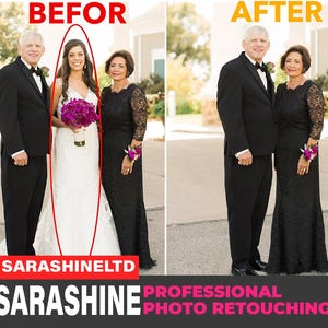 Puede incluir: Foto antes y después del retoque fotográfico de una fiesta de boda. La novia lleva un vestido de novia blanco y sostiene un ramo de flores moradas. El novio y la madre de la novia llevan trajes y vestidos negros.