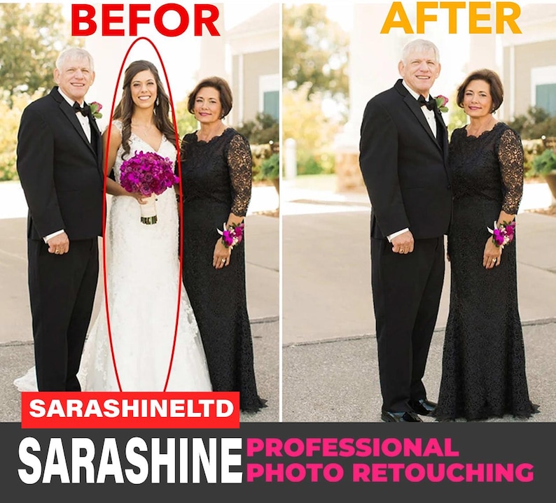 May include: Before and after photo retouching of a wedding party. The bride is wearing a white wedding dress and holding a bouquet of purple flowers. The groom and the bride's mother are wearing black suits and dresses.