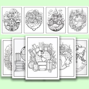 Puede incluir: Un conjunto de 10 páginas para colorear en blanco y negro con diferentes ilustraciones de la Tierra. Cada página presenta un diseño único, incluyendo un globo rodeado de edificios, un globo rodeado de libros, un globo rodeado de útiles escolares y un globo rodeado de un bosque.