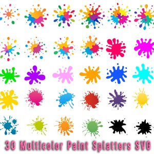 May include: 30 multicolor paint splatters in various shapes and sizes. The splatters are in a variety of colors, including red, orange, yellow, green, blue, purple, and black.