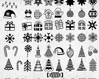 May include: A set of 50+ black and white Christmas decorations in SVG and PNG format. The designs include snowflakes, stars, bells, presents, candy canes, ornaments, and more.