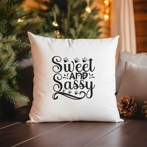 May include: White throw pillow with black text that reads "Sweet and Sassy" with a decorative flourish around the text.