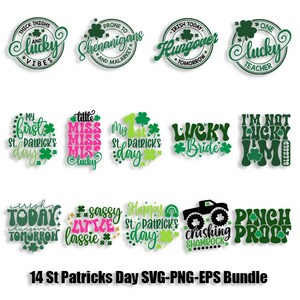 Op de afbeelding: Een set van 14 St. Patrick's Day SVG-, PNG- en EPS-bestanden met verschillende ontwerpen met klavertjesvier, groene, roze en zwarte kleuren. De ontwerpen bevatten zinnen zoals "Thick Thighs and Lucky Vibes", "Prone to Shenanigans and Malarkey", "Irish Today, Hungover Tomorrow", "One Lucky Teacher", "My First St. Patrick's Day", "Little Miss Miss Lucky", "My 1st St. Patrick's Day", "Lucky Bride", "I'm Not Lucky I'm Blessed", "Irish Today Hungover Tomorrow", "Sassy Little Lassie", "Happy St. Patrick's Day", "Crushing Shamrock", and "Pinch Proof".