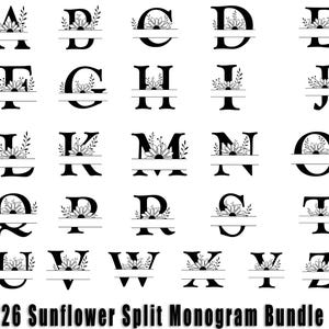 Könnte beinhalten: Ein Satz von 26 schwarz-weißen geteilten Monogramm-Buchstaben mit einem Sonnenblumen-Design. Jeder Buchstabe ist in zwei Hälften geteilt, wobei sich auf der oberen Hälfte eine Sonnenblumengrafik und auf der unteren Hälfte ein leerer Raum befindet. Die Buchstaben sind in alphabetischer Reihenfolge angeordnet.