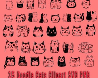 Paquete SVG de gato doodle, clipart de gato adorable (descarga digital)