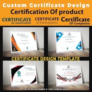 Puede incluir: Cuatro diseños de certificados diferentes con fondos blancos y formas geométricas coloridas. Los certificados son para el logro, la participación y la finalización. El texto "CERTIFICATE DESIGN TEMPLATE" está en la parte inferior de la imagen.