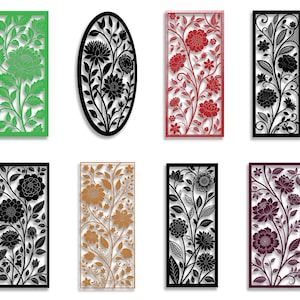 Può includere: Set di otto pannelli decorativi tagliati al laser che presentano motivi floreali in vari colori, tra cui verde, rosso, nero, oro e viola.