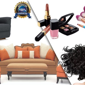 May include: A set of furniture including a brown sofa with orange and white pillows, a matching orange armchair, and a brown ottoman.  There is also a dark gray recliner with a brown base.