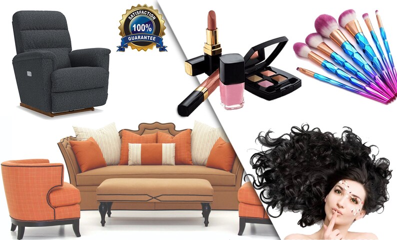 May include: A set of furniture including a brown sofa with orange and white pillows, a matching orange armchair, and a brown ottoman.  There is also a dark gray recliner with a brown base.