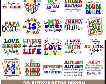 Autism Awareness Designs Bundle: Retro SVG, PNG (Digital Download)