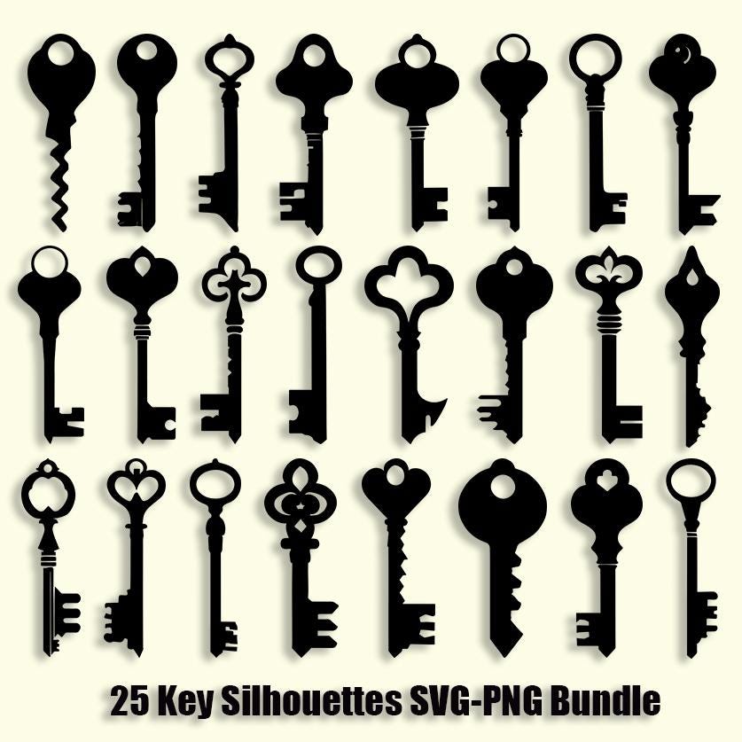 Vintage Key SVG Bundle: 25 Silhouette Cut Files (Digital Download)