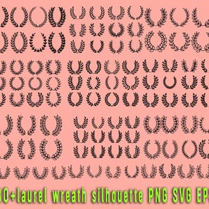 Puede incluir: Una colección de más de 80 siluetas de coronas de laurel negras en varios diseños. Las coronas están dispuestas sobre un fondo melocotón. El texto en la parte inferior dice "80+ laurel wreath silhouette PNG SVG EPS".