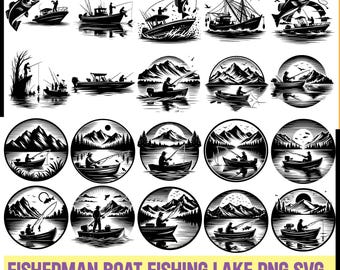 Paquete SVG de barco pesquero: Paisaje de lago de montaña (archivos digitales)