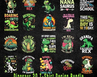 Dinosaur T-Shirt Design SVG Bundle, Cartoon Clipart (Digital Download