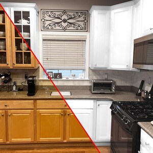 May include: Before and after kitchen cabinet makeover. The left side shows wood cabinets with glass doors. The right side shows the same cabinets painted white.