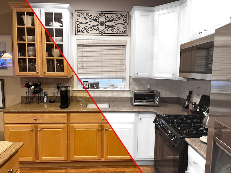 May include: Before and after kitchen cabinet makeover. The left side shows wood cabinets with glass doors. The right side shows the same cabinets painted white.