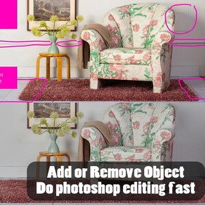 May include: A floral patterned armchair with a floral patterned throw blanket on the armrest. The armchair is sitting on a red rug in a room with white walls. The text "Add or Remove Object Do photoshop editing fast" is visible in the bottom center of the image.