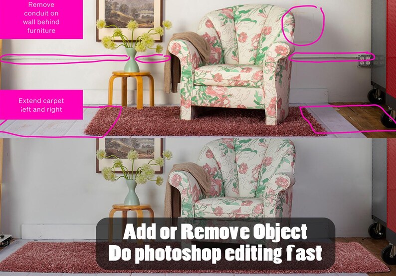 May include: A floral patterned armchair with a floral patterned throw blanket on the armrest. The armchair is sitting on a red rug in a room with white walls. The text "Add or Remove Object Do photoshop editing fast" is visible in the bottom center of the image.