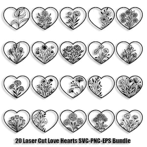 Paquete SVG de adornos de corazón cortados con láser: Plantilla floral de corte de papel (descarga digital)