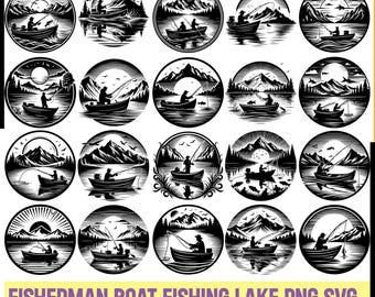 Fisherman in a boat and mountain landscape with forest, Bass Boat, Gone Fishing, Bundle svg. Cut files for Cricut svg, pdf, png, Eps,pdf 02