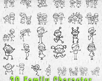 Hand Drawn Stick People Family SVG Bundle: Happy Kids Clip Art (Digital Download)